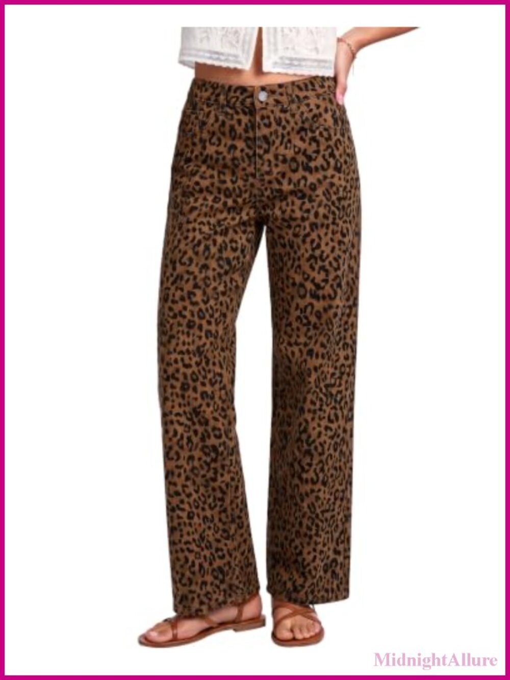 Wide Leg High Waisted Leopard Print Jeans Stretch Denim Pants